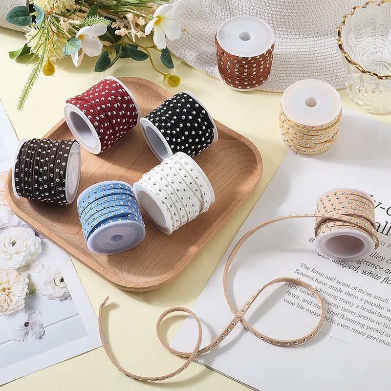 CALFOVERA 43.7 Yards 8 Colors Faux Suede Cord for Jewelry Making 5mm Studded Flat Leather Lace Beading String Rope Strips Trim Ribbon with Silver Punk Rivets for Necklaces Bracelets DIY Crafts - Image 3